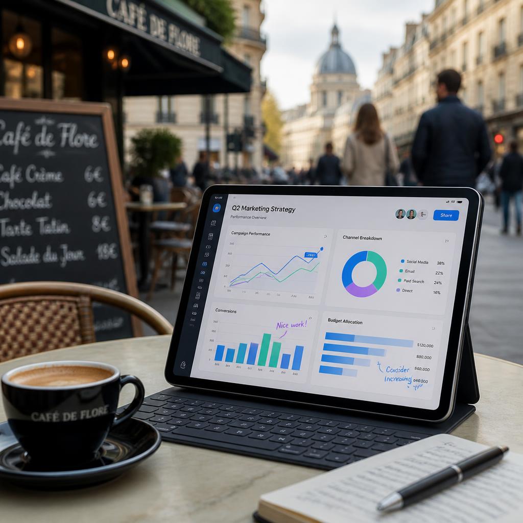 A sleek digital tablet displaying collaborative graphs and charts, sitting on a café table in a bustling European city street, soft natural light, depth of field